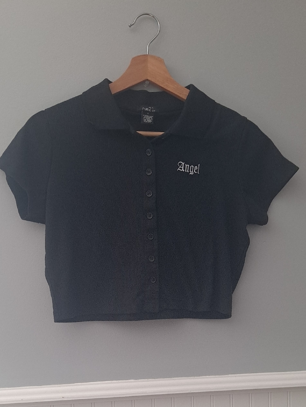 Rue21 Black Cropped Polo Top with 'Angel' Embroidery